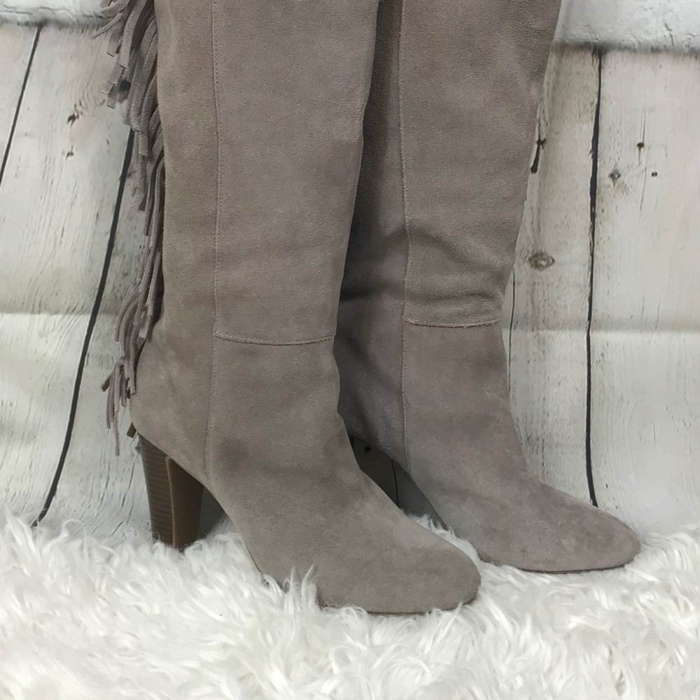 Gray Suede Boho knee length boots with fringe